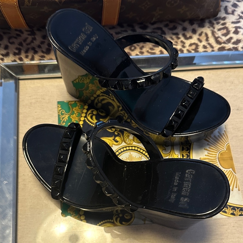 Carmel Sol Tonino Black Platform Sandals Made in Italy - Picture 2 of 4